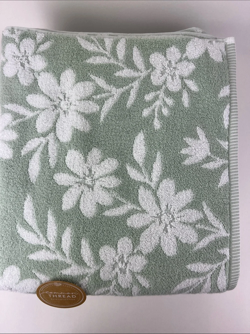 Common Thread Bath Towel Set Sage Green White Floral Soft Cotton 2 Pc NEW